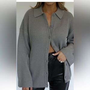 Gray Ribbed Button-Up Sweater